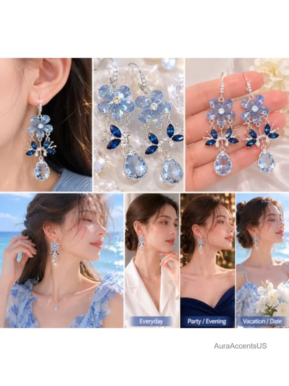 Blue Crystal Flower Butterfly Drop Earrings for Women, Silver Tone Rhinestone